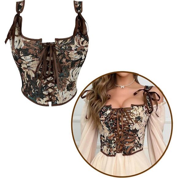 Women Vintage Lace-Up Corset Top Floral Jacquard Bustier Shapewear Crop - Picture 9 of 9